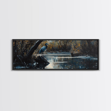 Blue Heron Wall Art, Framed Canvas Print, Nautical Home Decor, Blue Heron Painting, Panoramic Horizontal Wall Art