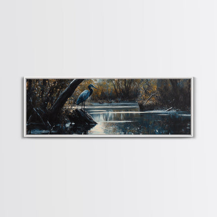 Blue Heron Wall Art, Framed Canvas Print, Nautical Home Decor, Blue Heron Painting, Panoramic Horizontal Wall Art