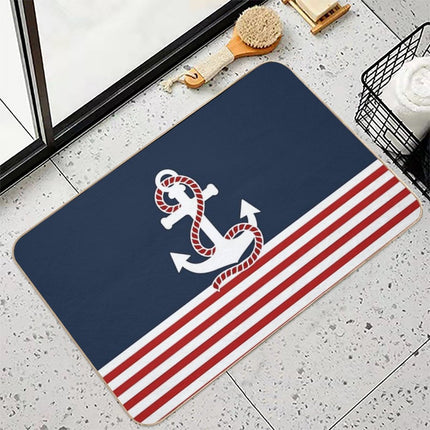 Nautical Red White Stripes And Red Anchor on Blue Background  Odorless Bath Mat