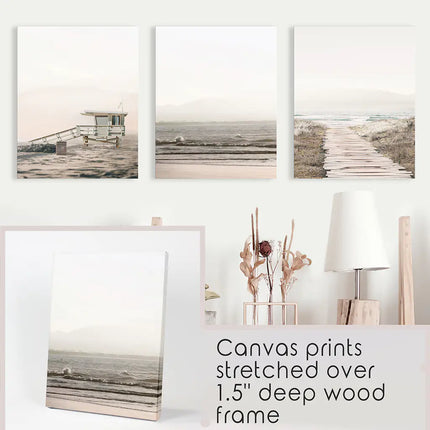 3 Piece Beige Coastal Wall Art. Waves, Beach Path, Lifeguard