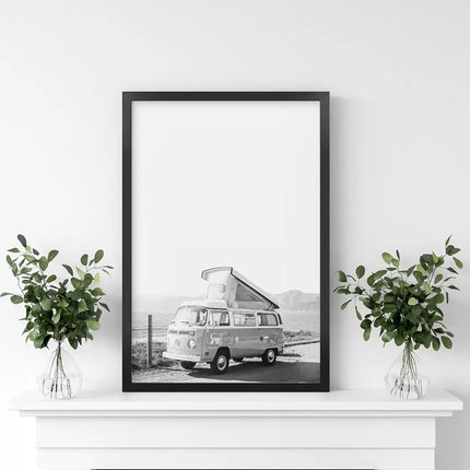 Black and White Hipster Van Poster. Summer Travel