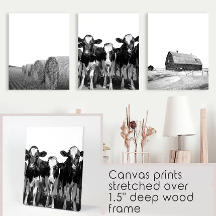Black White Harvest on a Farm Wall Art. Cow, Hay Bale, Barn