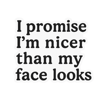 "I promise I'm nicer than my face looks" Sarcastic Sticker