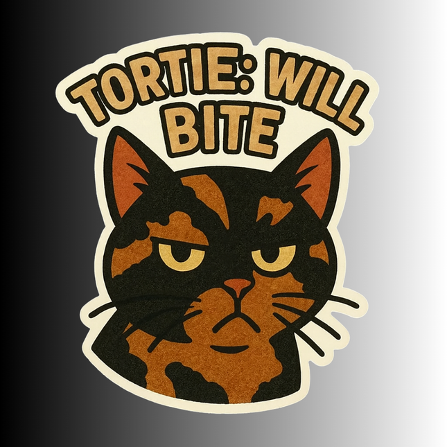 "Tortie: Will Bite" Cute Funny Tortoiseshell Cat Sticker