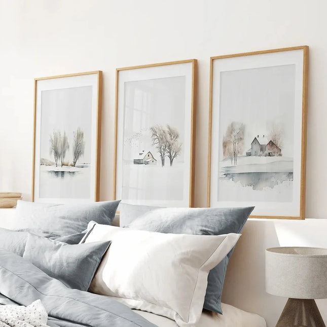 Winter Farm Tree Watercolor Wall Art Poster Set
