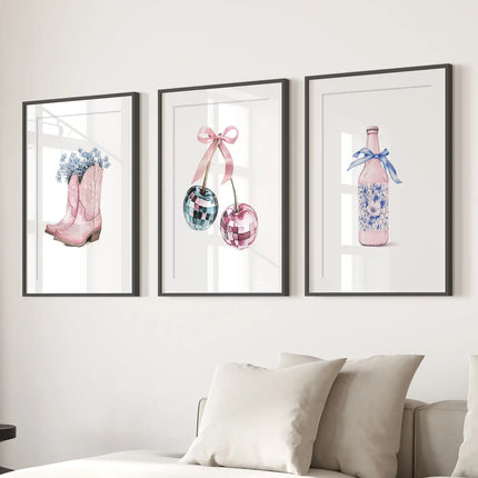 Cherries Disco Ball Preppy Pink Wall Art Prints