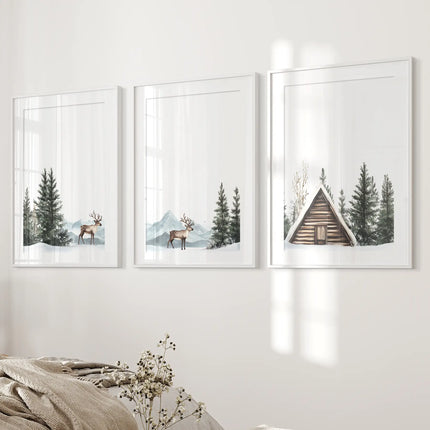 Rustic Cabin, Snowy Forest Prints. 3 Piece Winter Wall Art