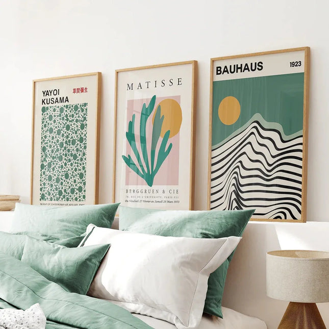 Sage Green Set of 3 Prints. Bauhaus, Kusama, Matisse Style