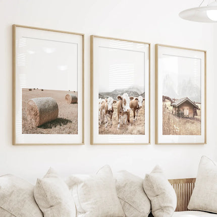Rustic Fall Set of 3 Posters. Wooden Barn, Cows, Hay Bales
