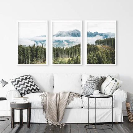 Green Pine Tree Forest. Blue Foggy Mountains. Set of 3 Prints