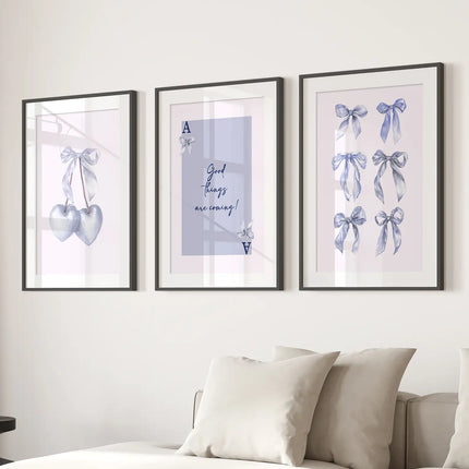 Trendy Blue Bows Preppy Poster Girly Decor Art Set