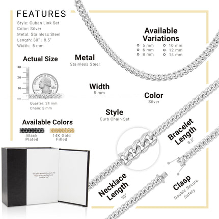 Silver Cuban Link Chain Necklace 30" Bracelet 8.5" Stainless Steel Set For Men