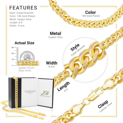Cuban Link Chain 14K Gold Filled Bracelet 8.5" Lobster Claw Clasp Men Jewelry 6 mm 8 mm