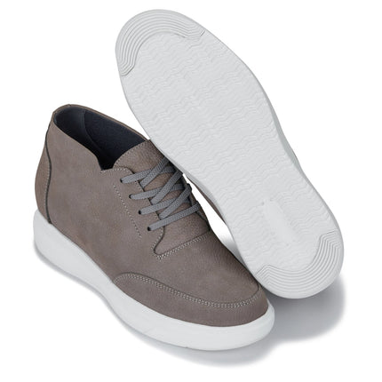 CALTO - J1771  - 3.2 Inches Taller (Grey) - Casual Chunky Sole Boots – Soft Pebble Grain Nubuck Leather