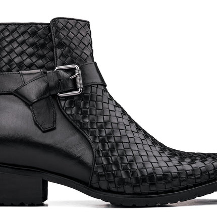 CALTO - K30523 - 3.3 Inches Taller (Black) - Woven High-Top Ankle Buckle Zipper Boots
