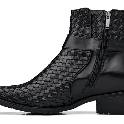 CALTO - K30523 - 3.3 Inches Taller (Black) - Woven High-Top Ankle Buckle Zipper Boots
