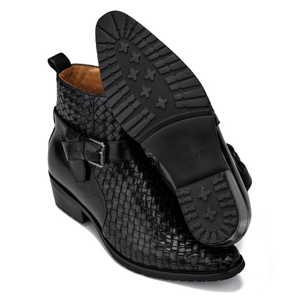 CALTO - K30523 - 3.3 Inches Taller (Black) - Woven High-Top Ankle Buckle Zipper Boots