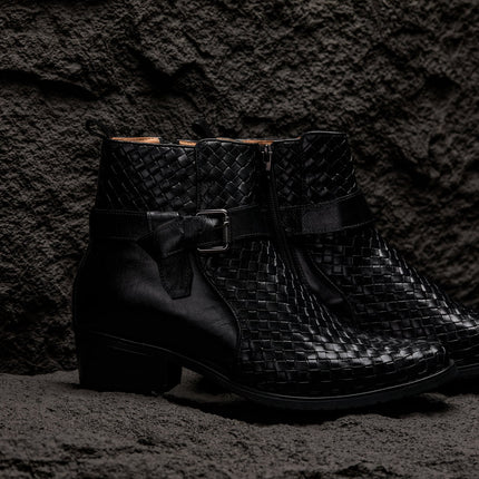 CALTO - K30523 - 3.3 Inches Taller (Black) - Woven High-Top Ankle Buckle Zipper Boots