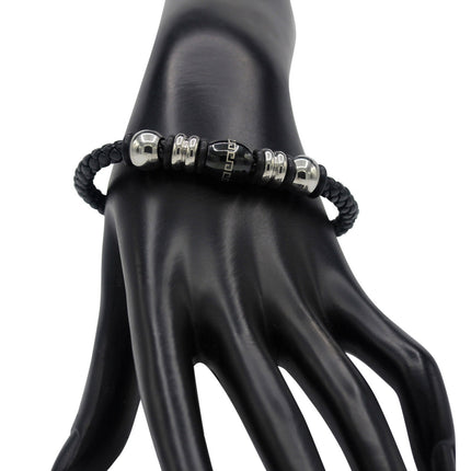 Decorative Leather Bracelet Stainless Steel Accents Magnetic Clasp (Silver/Black)