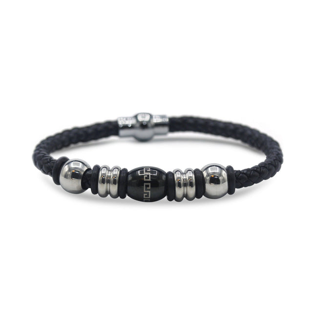 Decorative Leather Bracelet Stainless Steel Accents Magnetic Clasp (Silver/Black)