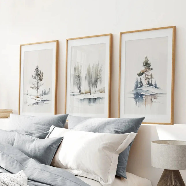 Vintage Watercolor Forest Print Set. Blue, Green, Gray