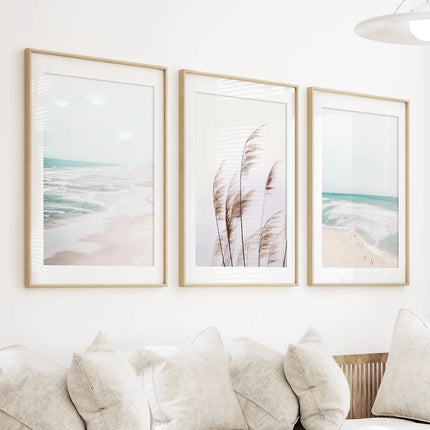 Coastal Boho Wall Art. Beach Pampas Grass, Blue Ocean Waves