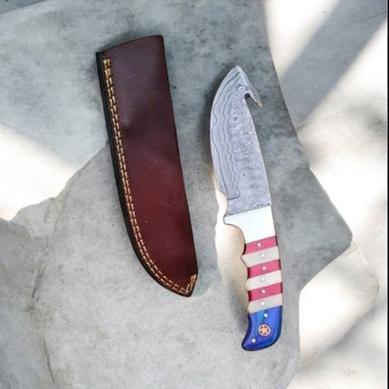 Premium Guthook Skinning Knife – 9" Damascus Steel Blade with Texas Flag Handle & Leather Sheath