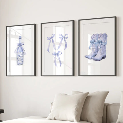 Trendy Blue Bows Girly Wall Art Set of 3 Print