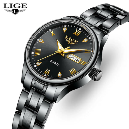 Women's Black Stainless Steel Diamond Dial Quartz Watch