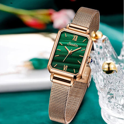Women's Rectangular Green Dial Mesh Band Quartz Watch