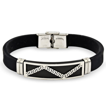 Stainless Steel Black Silver Plated Two Tone Rubber Bracelet