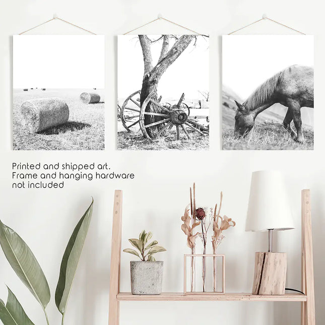 Black White Farm House Wall Décor. Horse, Hay Bales
