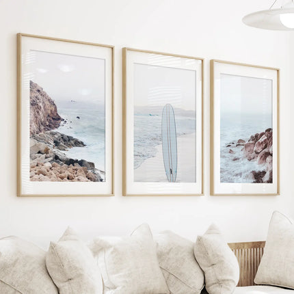 3 Piece Surf Wall Art. Surfboard, Blue Ocean Beach, Rocks