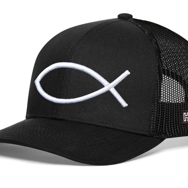 Jesus Fish Trucker Hat  |  Black bold ichthys Snapback