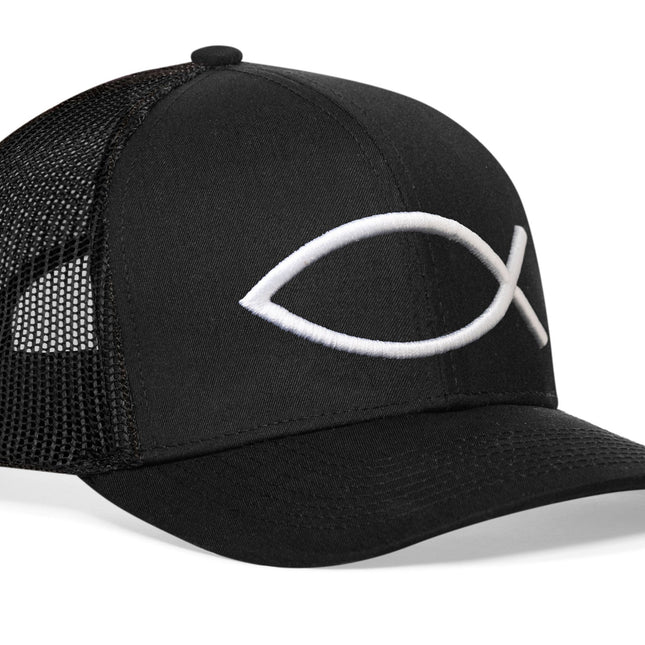 Jesus Fish Trucker Hat  |  Black bold ichthys Snapback