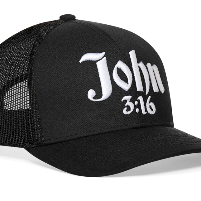 John 3:16 Trucker Hat  |  Black Christian 3D Puff Snapback