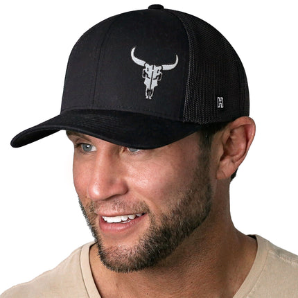 Bull Skull Trucker Hat  |  Black Bull Skull Snapback