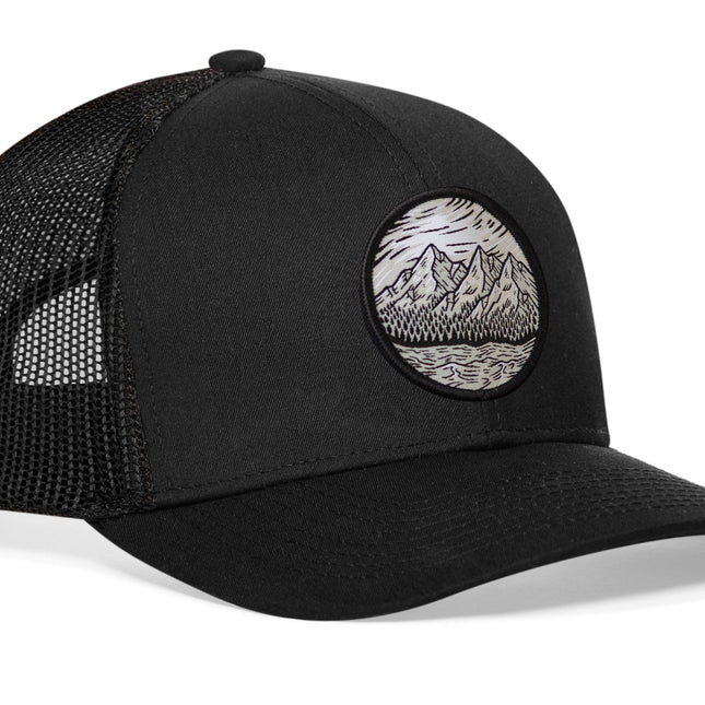 Circle Mountain and Trees Trucker Hat  |  Black Outdoors Snapback