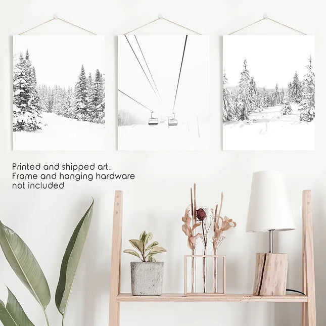 Winter Skiing Black White Wall Art. Ski Lift, Snowy Forest