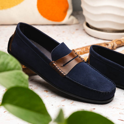 MONZA Sueded Italian Calfskin Driver Navy / Chestnut