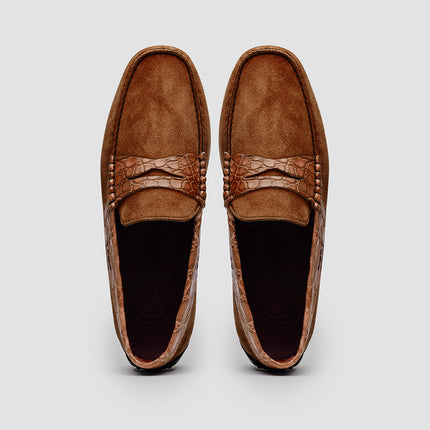MONZA Sueded Calfskin with Crocodile Driver, Cognac
