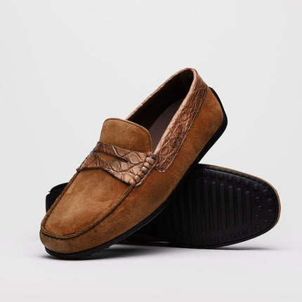 MONZA Sueded Calfskin with Crocodile Driver, Cognac