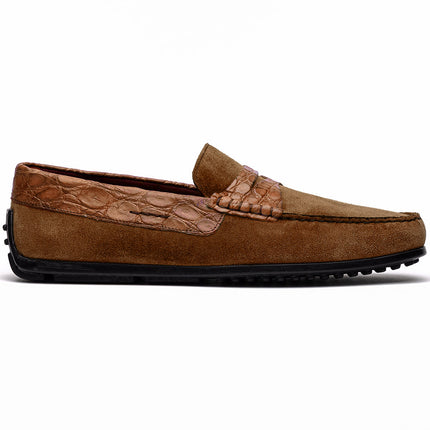 MONZA Sueded Calfskin with Crocodile Driver, Cognac