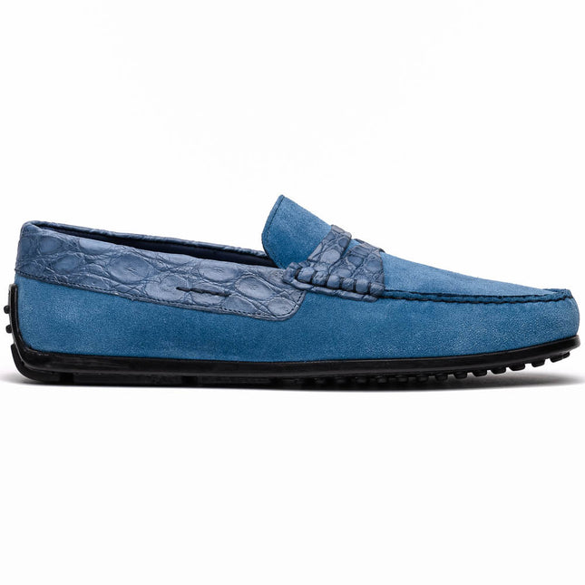 MONZA Sueded Calfskin with Crocodile Driver Denim