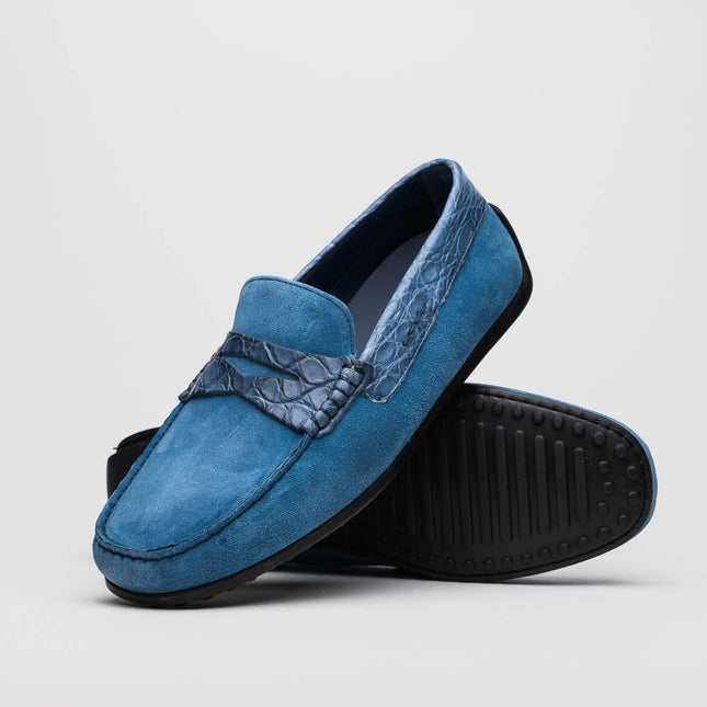 MONZA Sueded Calfskin with Crocodile Driver Denim