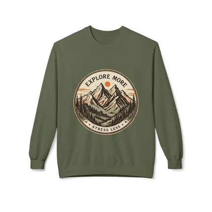 Olive Green Crewneck Sweatshirt Mountain Design Explore More Stress Less